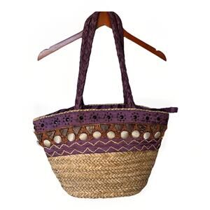 Sun and Sand Wicker Bag Purse Purple Accents‎ Zipper Closure Inside Pockets